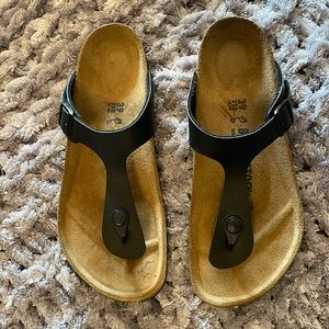 New in box black Gizeh Birkenstock shoes. Size 39, U.S. women’s size 8, men’s 6.